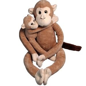 Fun Stuff Inc Hanging Monkey Plush with Baby Mommy 17" Tan Hands Attach For Hugs